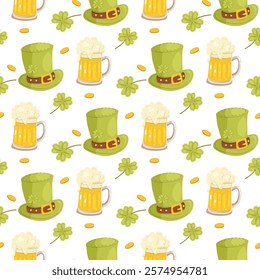 Seamless St. Patricks pattern. Beer, hat, shoes and striped gaiters. On background, wrapping paper, fabric