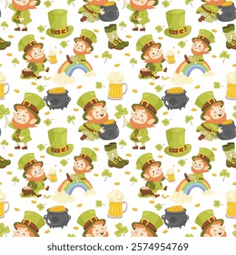 Seamless St. Patricks pattern. Cute leprechauns. For background, wrapping paper, fabric