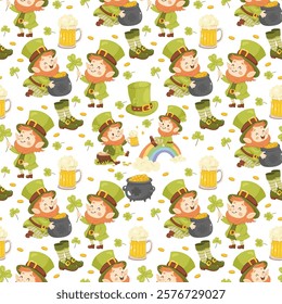 Seamless St. Patricks pattern. Cute leprechauns. For background, wrapping paper, fabric