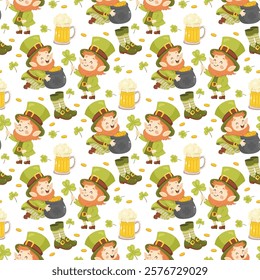 Seamless St. Patricks pattern. Cute leprechauns. For background, wrapping paper, fabric