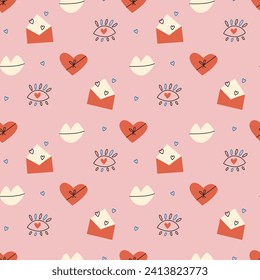 Seamless St Valentine Day pattern with hearts, lips and envelopes. Modern flat cute pink background. Vector illustration