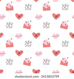 Seamless St Valentine Day pattern with hearts, lips and envelopes. Modern flat cute background. Vector illustration