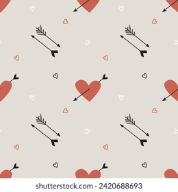 Seamless St Valentine Day pattern with hearts and arrows. Modern flat cute background. Vector illustration
