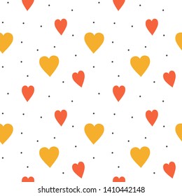 Seamless St. Valentine's day vector pattern on white background. Red and orange hearts and black dots. Romantic poster. Perfect for wallpaper or fabric. 
