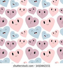 Seamless St. Valentine's day vector pattern on white background. Cute purple, blue and pink hearts with emojis. Romantic poster. Perfect for wallpaper or fabric. 