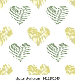 Seamless St. Valentine's day vector pattern on white background. Yellow and green hearts in sketchy style. Romantic poster. Perfect for wallpaper or fabric.