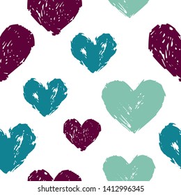Seamless St. Valentine's day vector pattern on white background. Blue, cyan and purple hearts. Romantic poster. Perfect for wallpaper or fabric.