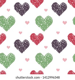 Seamless St. Valentine's day vector pattern on white background. Big purple, red, green and small pink hearts. Romantic poster. Perfect for wallpaper or fabric.