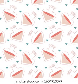 Seamless St. Valentine's day vector pattern on white background. Pink love potions in a pink jars. Small blue hearts. Romantic poster. Perfect for wallpaper or fabric.