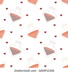 Seamless St. Valentine's day vector pattern on white background. Pink and purple love potions in a jars. Small red hearts. Romantic poster. Perfect for wallpaper or fabric.
