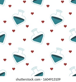 Seamless St. Valentine's day vector pattern on white background. Blue mana potions in a blue jars. Red pixelated hearts. Romantic poster. Perfect for wallpaper or fabric.