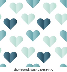 Seamless St. Valentine's day vector pattern on white background. Blue paper cut hearts. Simple romantic poster. Paper folding art. Perfect for wallpaper or fabric.