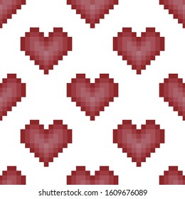 Seamless St. Valentine's day vector pattern on white background. Red pixel hearts with highlights on ot. Simple romantic poster. Perfect for wallpaper or fabric.