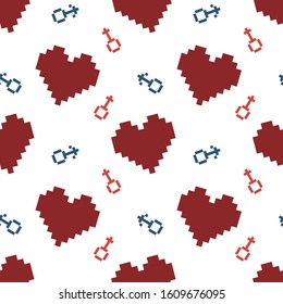 Seamless St. Valentine's day vector pattern on white background. Red pixel hearts with blue and pink male and female symbols. Perfect for wallpaper or fabric.