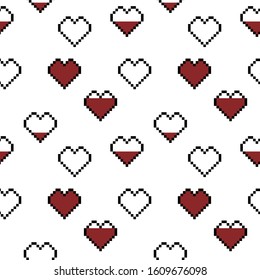 Seamless St. Valentine's day vector pattern on white background. Red pixel hearts with black contour. Simple romantic poster. Perfect for wallpaper or fabric.