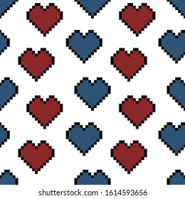 Seamless St. Valentine's day vector pattern on white background. Red and blue pixel hearts with black contour. Mana and health. Simple romantic poster. Perfect for wallpaper or fabric.