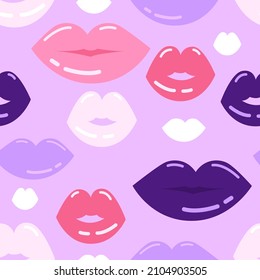 Patrón vectorial del Día del Beso Mundial y San Valentín sin foco con labios morados y rojos sobre fondo lillac. Diseño simple de besos planos. Lápiz labial colorido brillante.