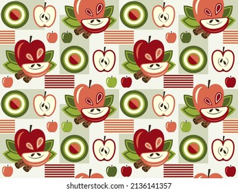 Seamless staggered background with apples and geometric shapes. Simple minimal style. Good for branding, decoration of food package, cover design, decorative home kitchen prints