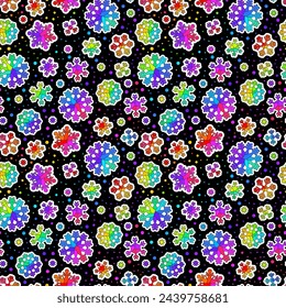 Seamless stained glass illustration with bright snowflakes on a black background