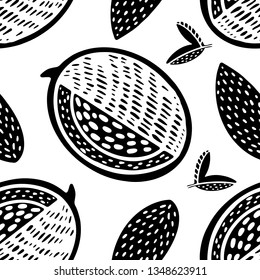 Seamless stamp pattern with fruits almonds and mango on white background. Great for fabric, textile, wrapping paper.
