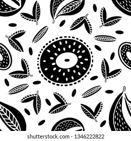 Seamless stamp pattern with fruits -
 mango, pear kiwi and foliage on white background. Great for fabric, textile, wrapping paper.