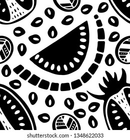 Seamless stamp pattern with fruits pineapple and watermelon  on white background. Great for fabric, textile, wrapping paper. 