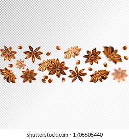 Seamless star anise border. Quality realistic vector, 3d illustration