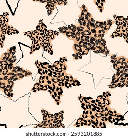 Seamless star editable vector pattern with abstract hand-drawn leopard print elements in brown and black, with background line art drawings. Perfect for textiles, fashion, home decor.