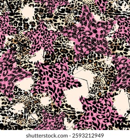 Seamless star editable vector pattern in pink with abstract hand drawn leopard print backdrop in brown and black, with background line art drawings. Perfect for textiles, fashion, and home decor.