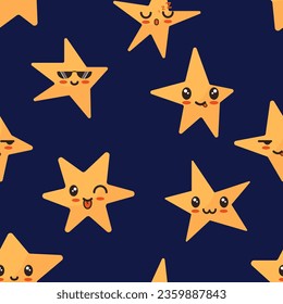 Seamless star kawaii pattern. Hand drawn doodle stars.