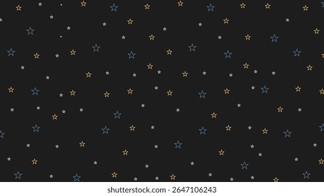 Seamless star outline pattern on black background. Colorful hand-drawn night sky design for kids fabric, wrapping paper, baby products, wallpapers, and celestial-themed digital or print use.