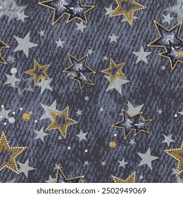 Seamless star pattern with abstract textured denim art background elements in blue and yellow colors