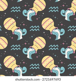 Patrón de estrella sin fisuras con signo del zodiaco de Acuario. Jarra vertiendo agua y constelación sobre fondo negro. Repetir mosaico imprimible