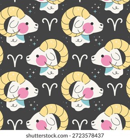 Patrón de estrella sin fisuras con signo del zodiaco de Aries. Símbolo de la cabeza del carnero y constelación sobre fondo negro. Repetir mosaico imprimible