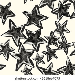 Seamless star pattern created with isolated hand drawn abstract ink painting dots in black and white colors. Seamless star pattern with creative backgrounds elements