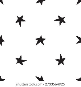 Seamless star pattern with decorative geometric black star shapes on white background. Vector repeating design suitable for textiles, wallpaper, wrapping paper, stationery, and modern surface design.