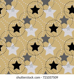 Seamless star pattern. Endless glitter starless, asterisk confetti. Childish, baby modern textile ornate. Festive shiny cute background. Cloth, fabric design. Light brown, grey, gold and black colors.