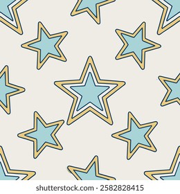 A seamless star pattern featuring simple outlined stars in a random arrangement on a soft pastel background. This modern and minimalist design is perfect for wallpapers, textiles, wrapping paper