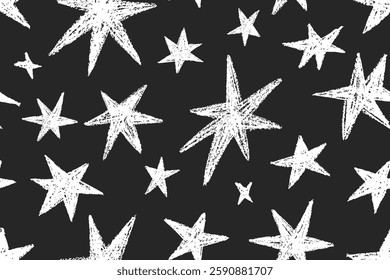 Seamless star pattern, hand-drawn crayon style texture. Doodle starry print, endless repeating design. Chalk drawing background for textile, wallpaper, wrapping, fabric. Modern vector illustration