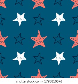 Seamless star pattern. Hand-drawn sketch stars and spirals. Vector illustration