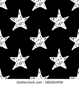 Seamless star pattern. Hand-drawn sketch stars and spirals. Vector chalk drawn background
