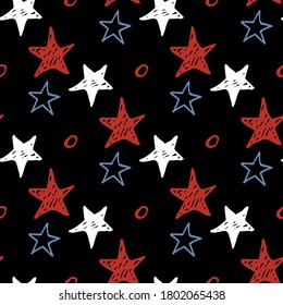 Seamless star pattern. Hand-drawn sketch stars and spirals. Vector scribble background