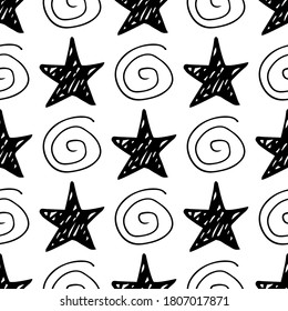 Seamless star pattern. Hand-drawn sketch stars and spirals. Black and white texture