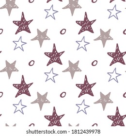 Seamless star pattern. Hand-drawn sketch stars and spirals. Vector illustration