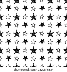 Seamless star pattern. Hand-drawn sketch stars. Vector black and white texture