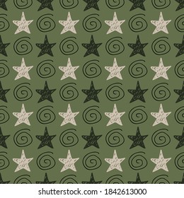 Seamless star pattern. Hand-drawn sketch stars and spirals. Vector illustration