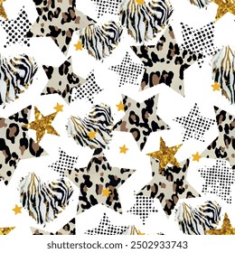 Seamless star pattern with isolated abstract dots and tiger, leopard skin background elements in brown and black colors