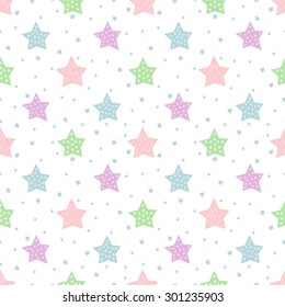 Seamless star pattern for kids holidays. Pastel colors baby shower vector background. Cute child drawing style star sky illustration. 