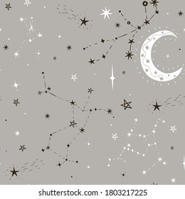 Seamless star pattern with moon and constellations. Vector graphics.