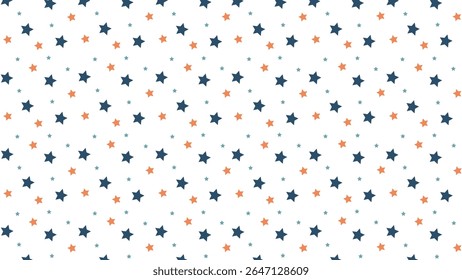 Seamless star pattern with navy blue, orange, and teal filled stars on white background. Perfect vector for kids, nursery decor, baby shower, wrapping paper, fabric, and playful design projects.